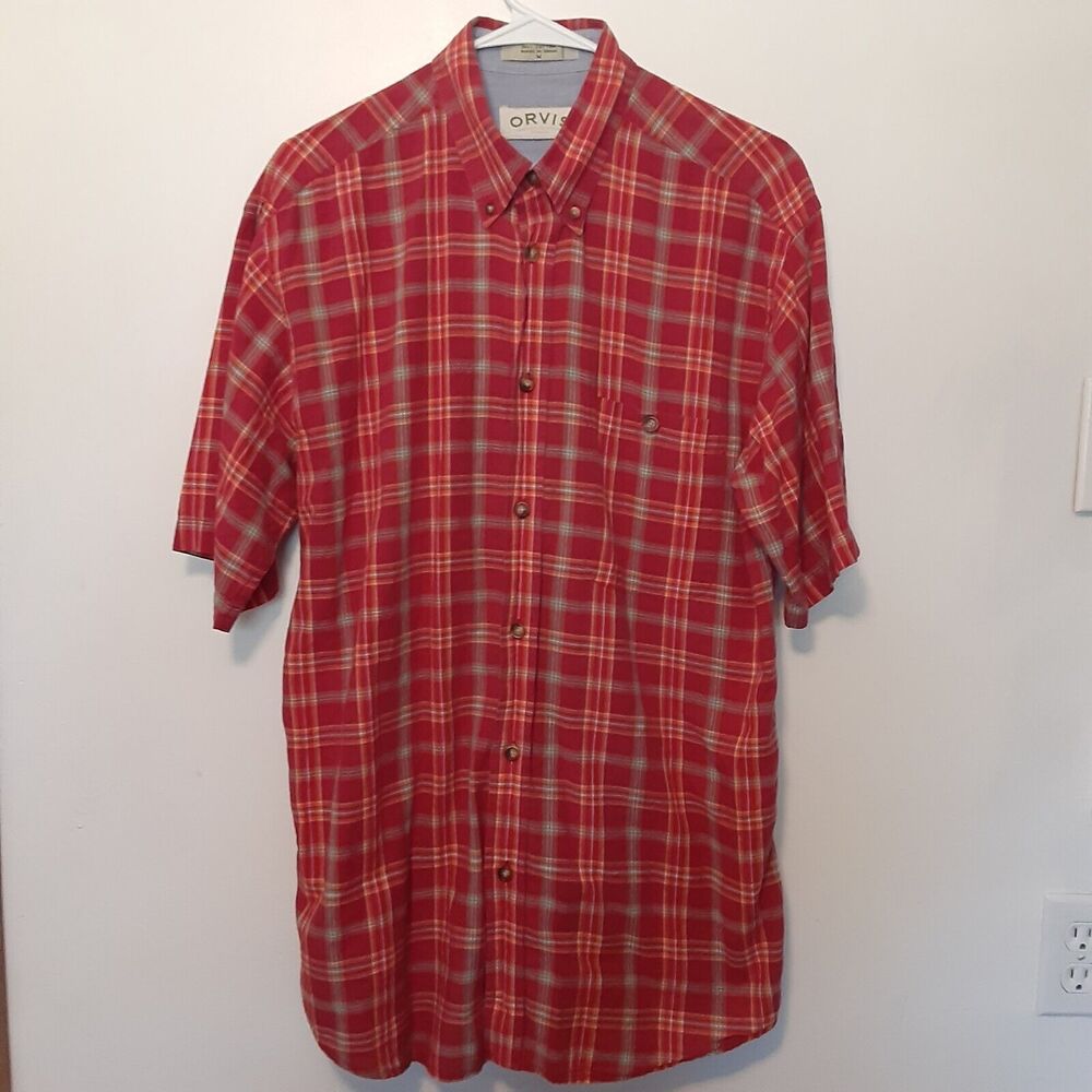 Orvis Mens Medium Red Plaid Cotton Button Down Shirt Short Sleeve Pocket Outdoor